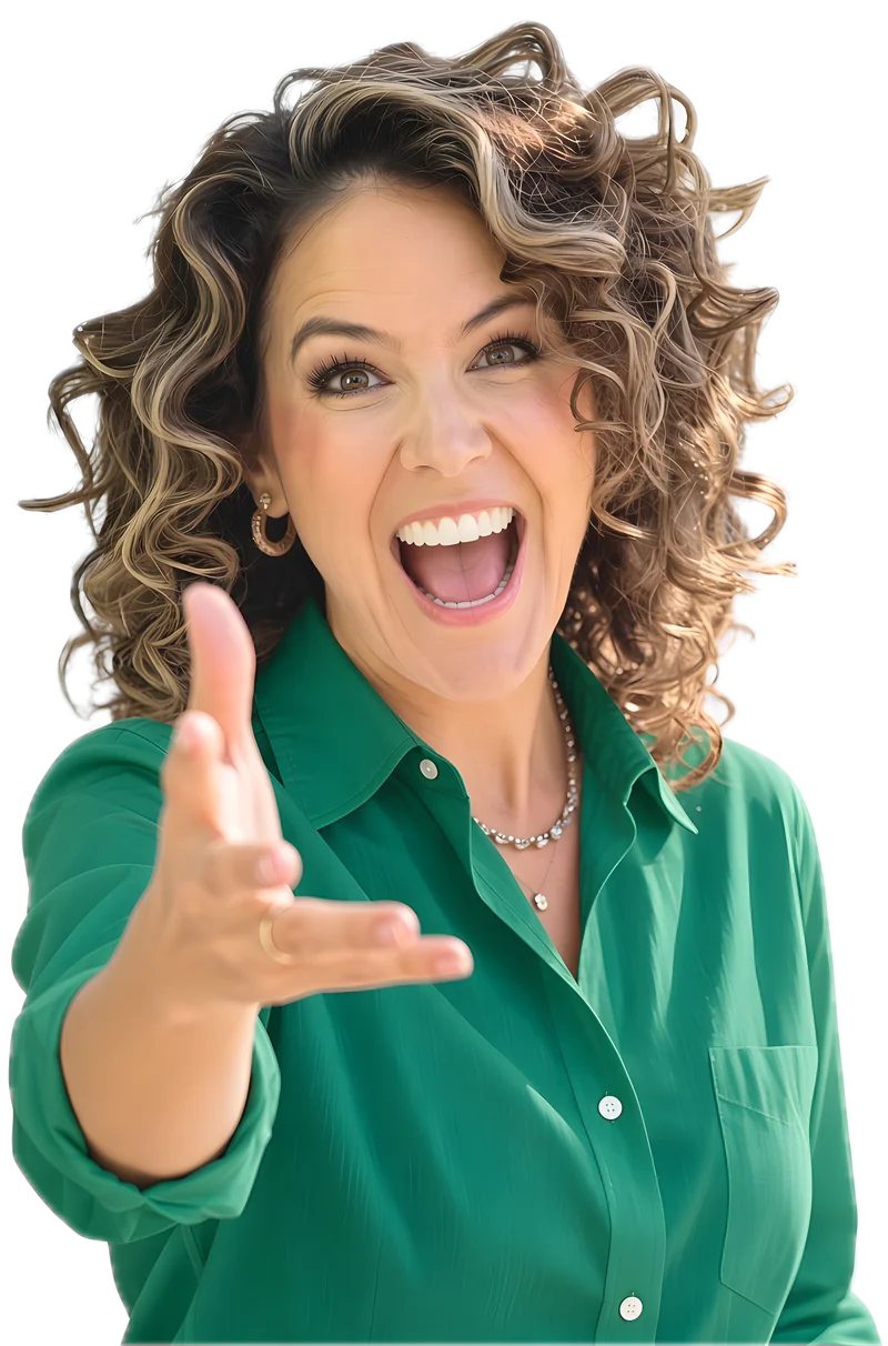 Jessica Doyle-Mekkes in a green shirt, laughing and reaching a hand out.
