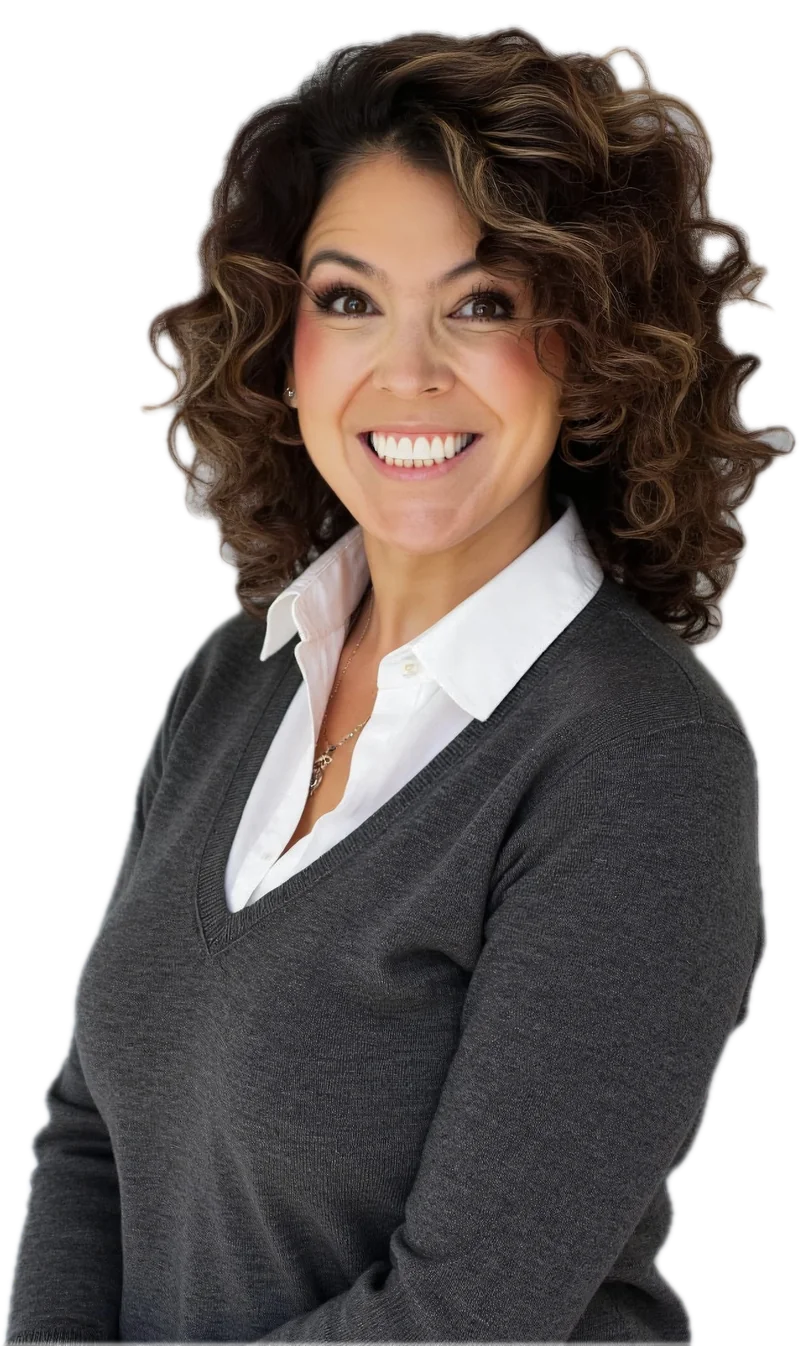 Jessica Doyle-Mekkes in a grey V-neck sweater over a white collar, smiling.