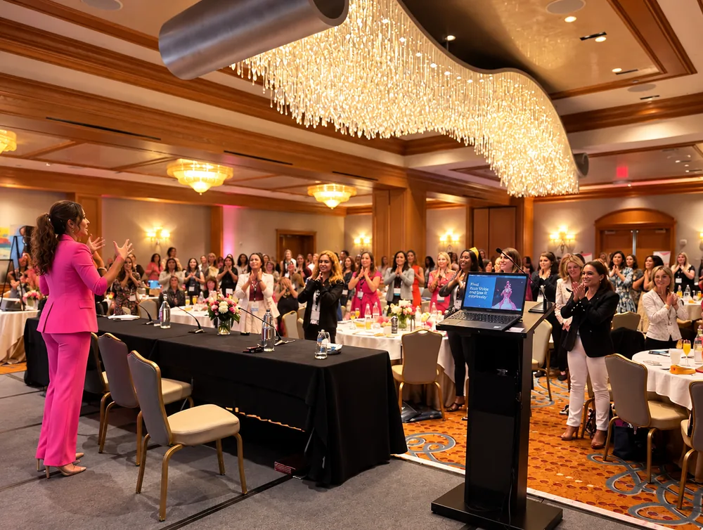 Jessica Doyle-Mekkes on stage in a pink suit as a ballroom audience stands and applauds.
